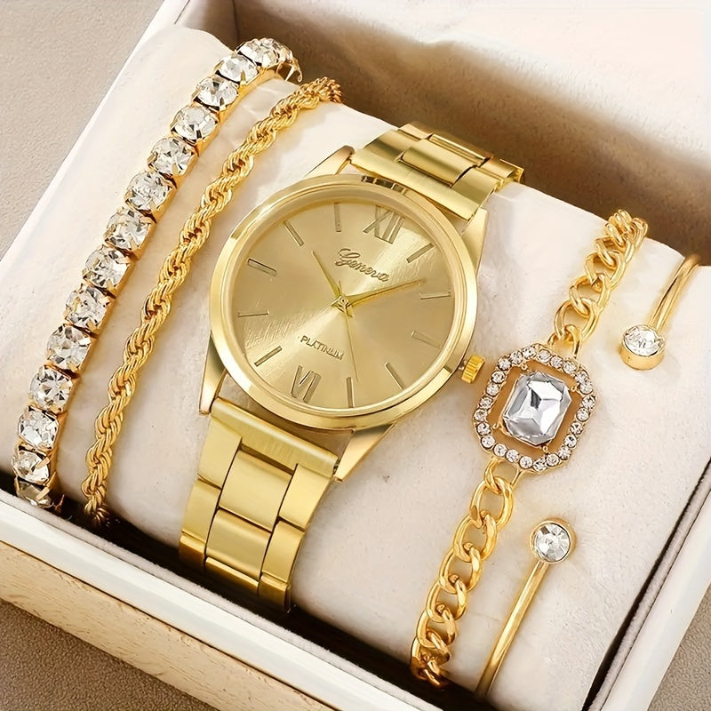 5pcs/set Women'S Watch Luxury Golden Quartz Watch Rome Fashion Stainless Steel Wrist Watch & Bracelets, Gift For Mom Her